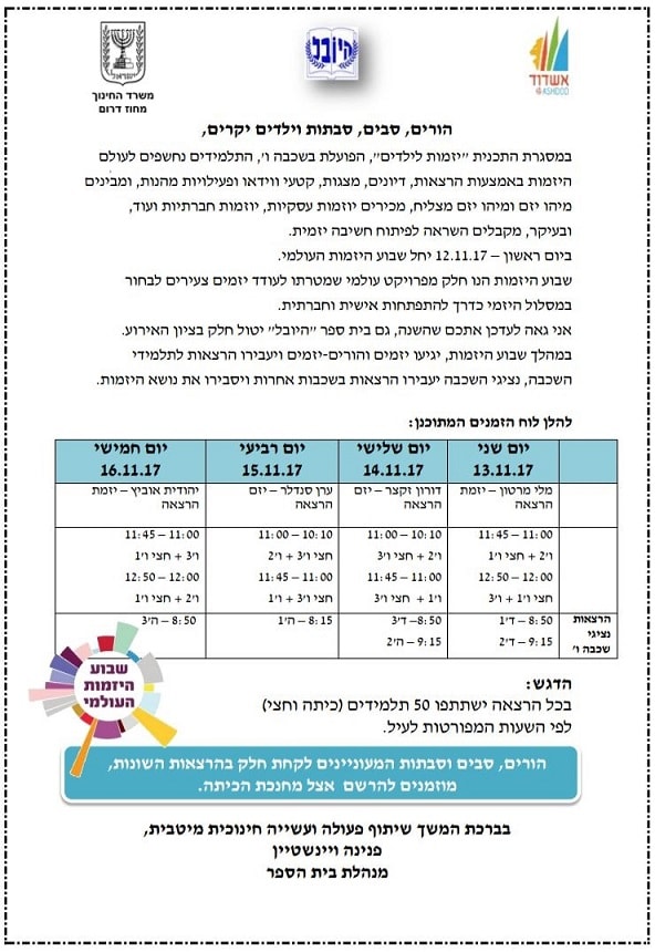 Schedule of the Global Entrepreneurship Week at the HaYovel School in Ashdod