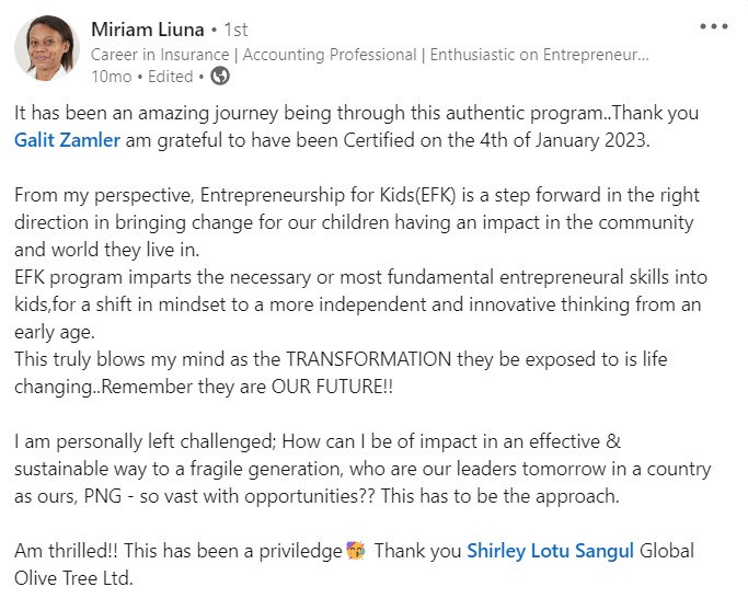 Miriam Liuna is thrilled to teach the Entrepreneurship for Kids Program